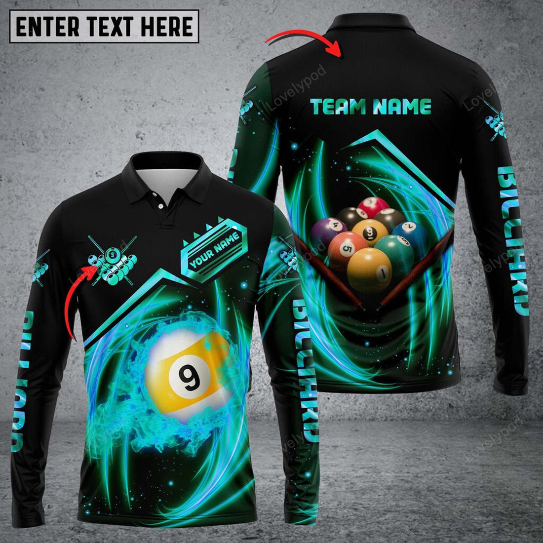 FUNSTUFFPRINT Personalized Billiard Ball Player Long Sleeve Polo Shirt, Billiards Shirts, Billiards Apparel