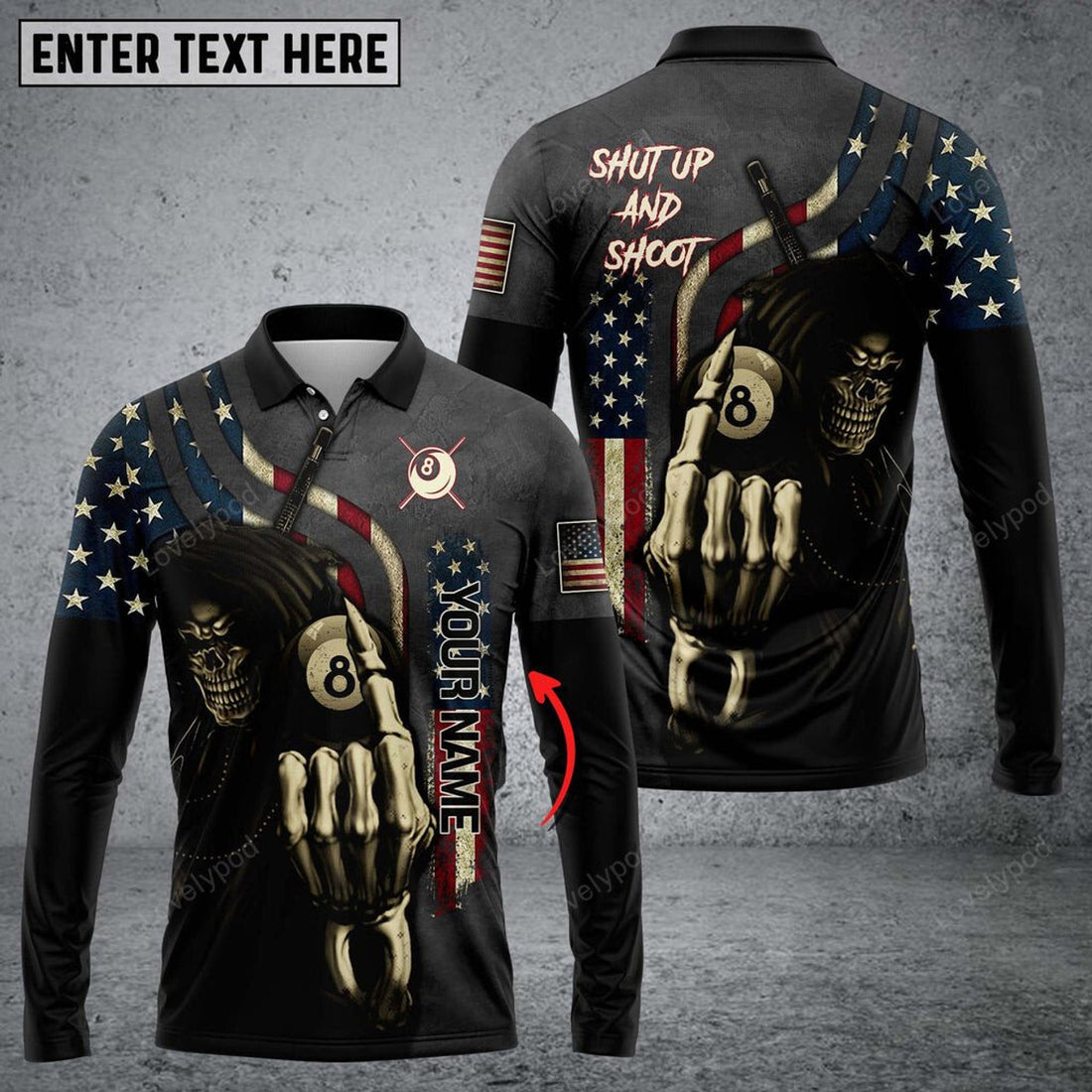 FUNSTUFFPRINT Personalized Billiard Skull Player Long Sleeve Polo Shirt, Billiards Shirts, Billiards Apparel