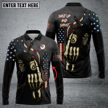 FUNSTUFFPRINT Personalized Billiard Skull Player Long Sleeve Polo Shirt, Billiards Shirts, Billiards Apparel