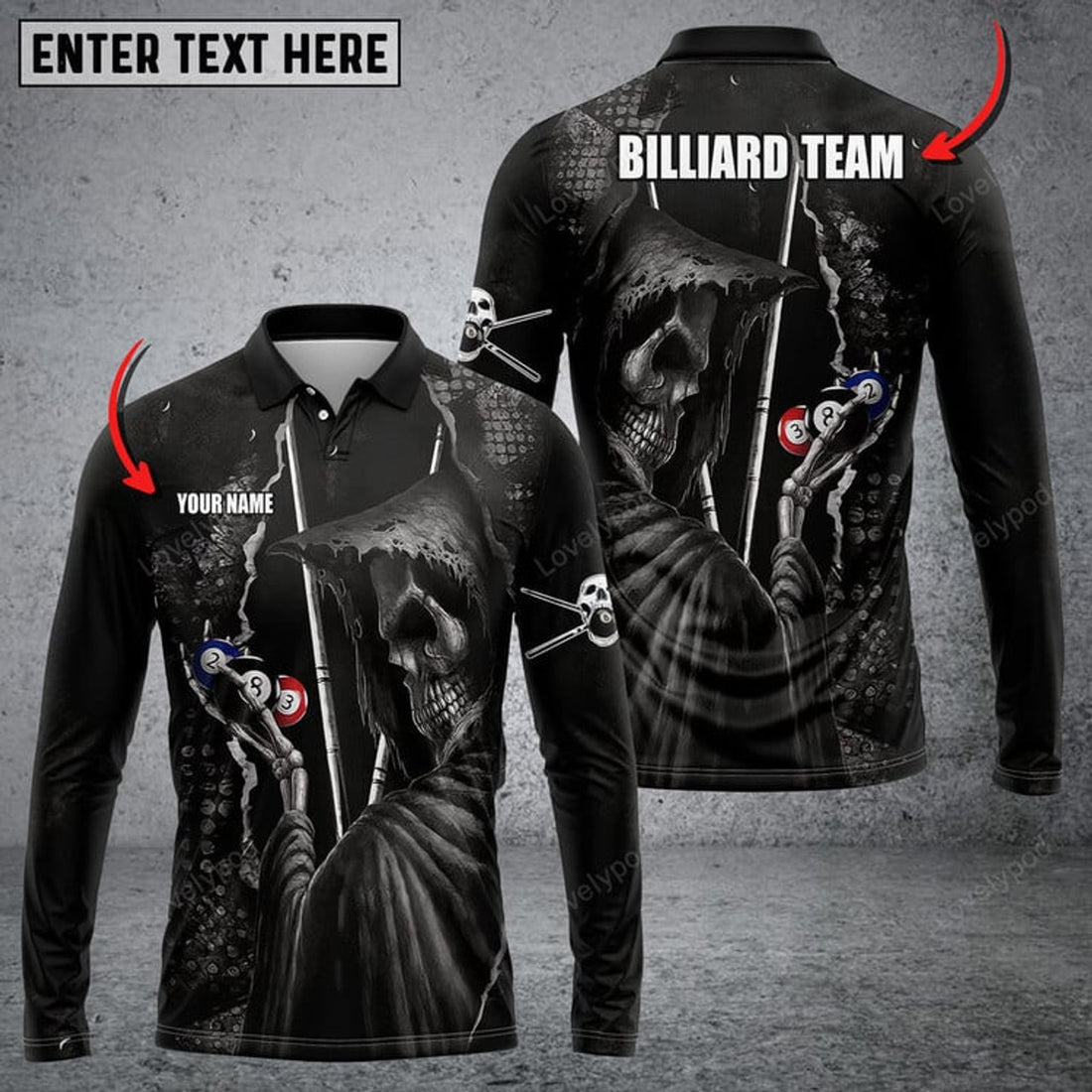 FUNSTUFFPRINT Personalized Name Billiard Enthusiast Long Sleeve, Billiards Shirts, billiards apparel