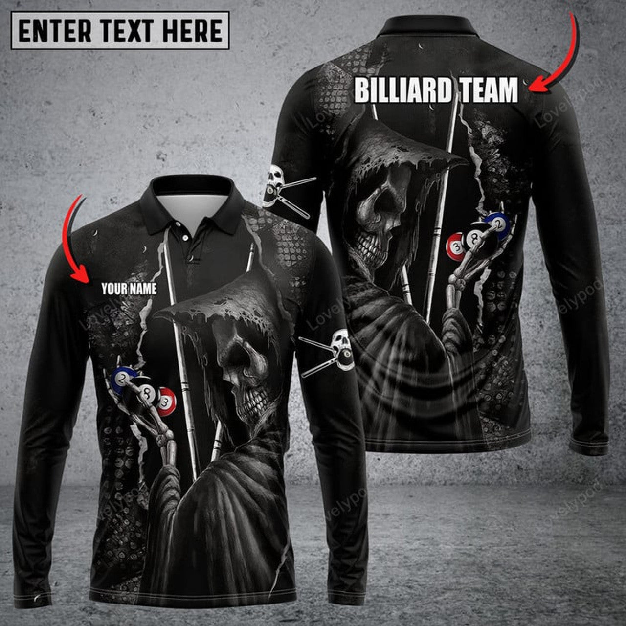 FUNSTUFFPRINT Personalized Name Billiard Enthusiast Long Sleeve, Billiards Shirts, billiards apparel