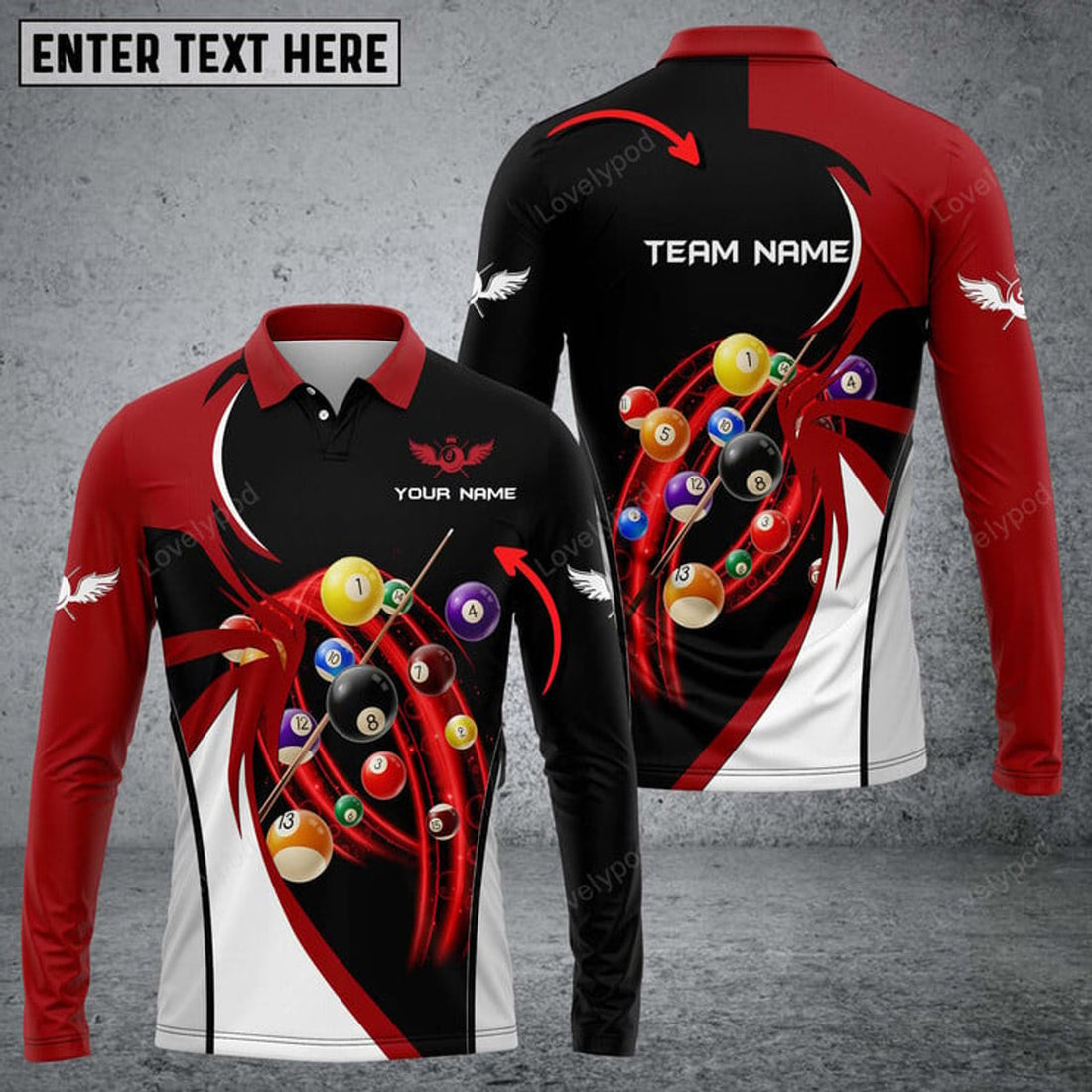 FUNSTUFFPRINT Personalized Billiard Player Long Sleeve Polo Shirt, Billiards Shirts, Billiards Apparel