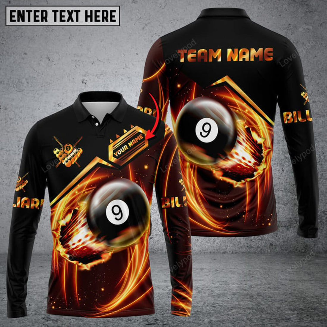 FUNSTUFFPRINT Personalized Billiard Player Long Sleeve Polo Shirt, Billiards Shirts, Billiards Apparel