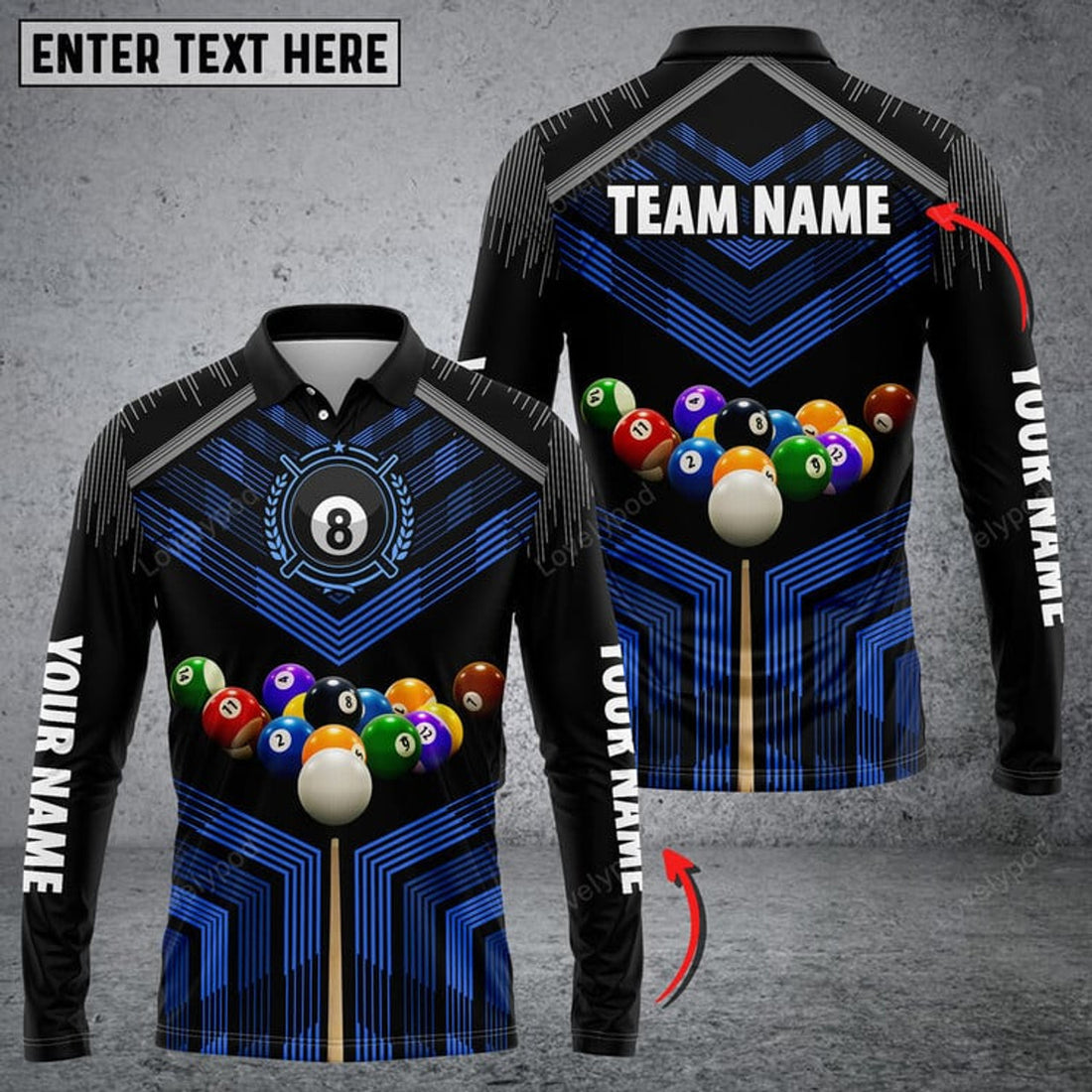 FUNSTUFFPRINT Personalized Billiard Ball Player Blue Long Sleeve Polo Shirt, Billiards Shirts, Billiards Apparel