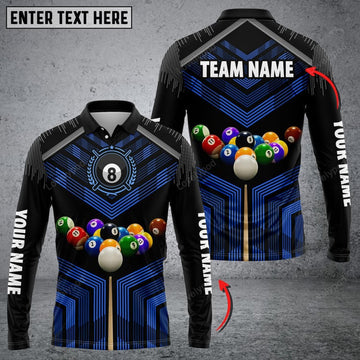 FUNSTUFFPRINT Personalized Billiard Ball Player Blue Long Sleeve Polo Shirt, Billiards Shirts, Billiards Apparel