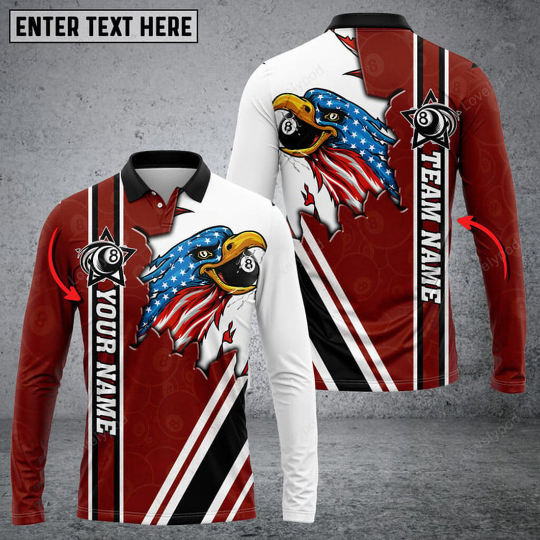FUNSTUFFPRINT Personalized Billiard Ball Flag Team Name Player Long Sleeve Polo Shirt, Billiards Shirts, Billiards Apparel