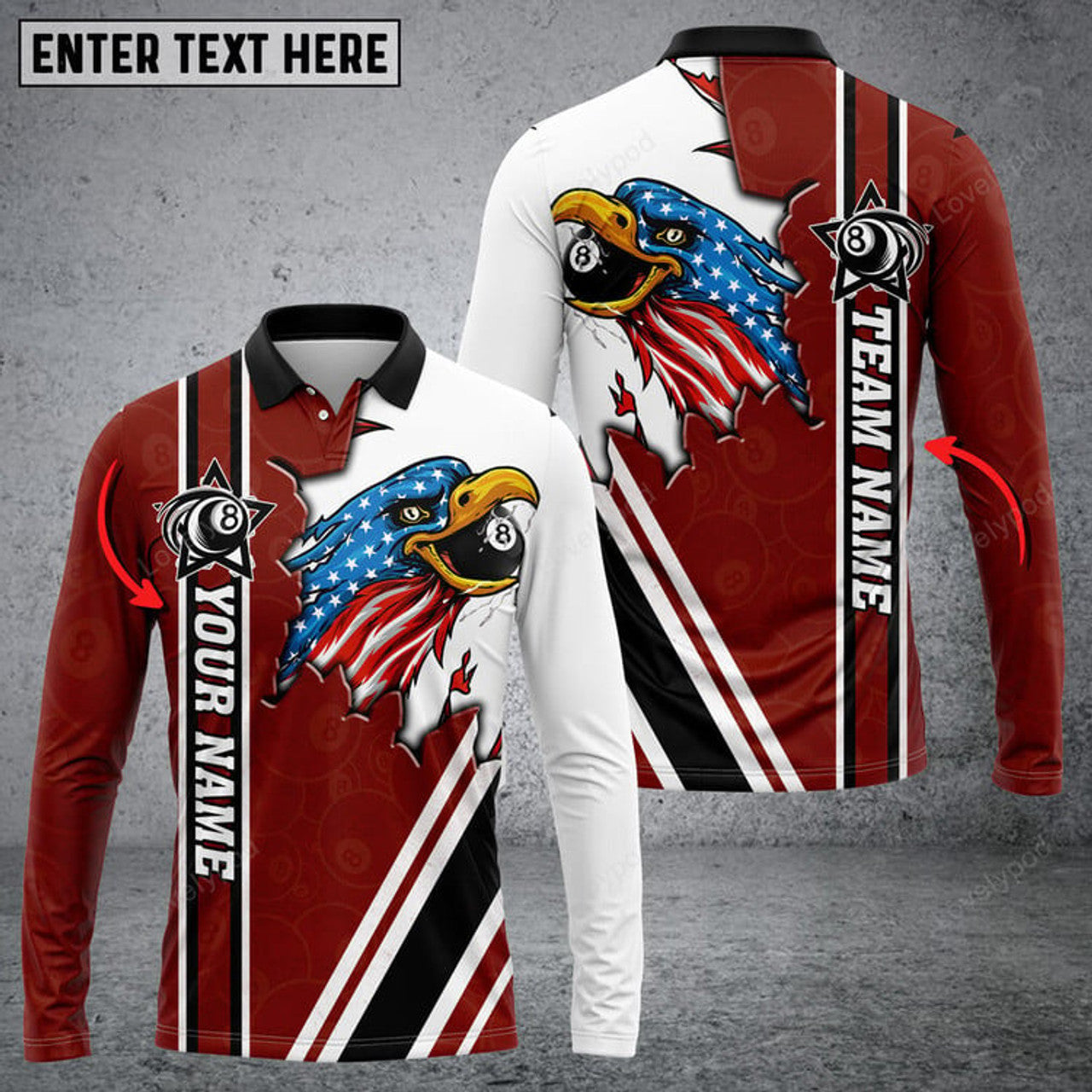 FUNSTUFFPRINT Personalized Billiard Ball Flag Team Name Player Long Sleeve Polo Shirt, Billiards Shirts, Billiards Apparel