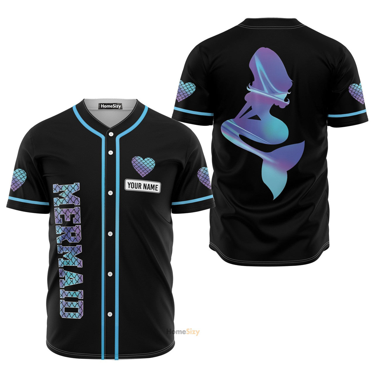 Custom Name Hologram Mermaid With Heart - Personalized Baseball Jersey