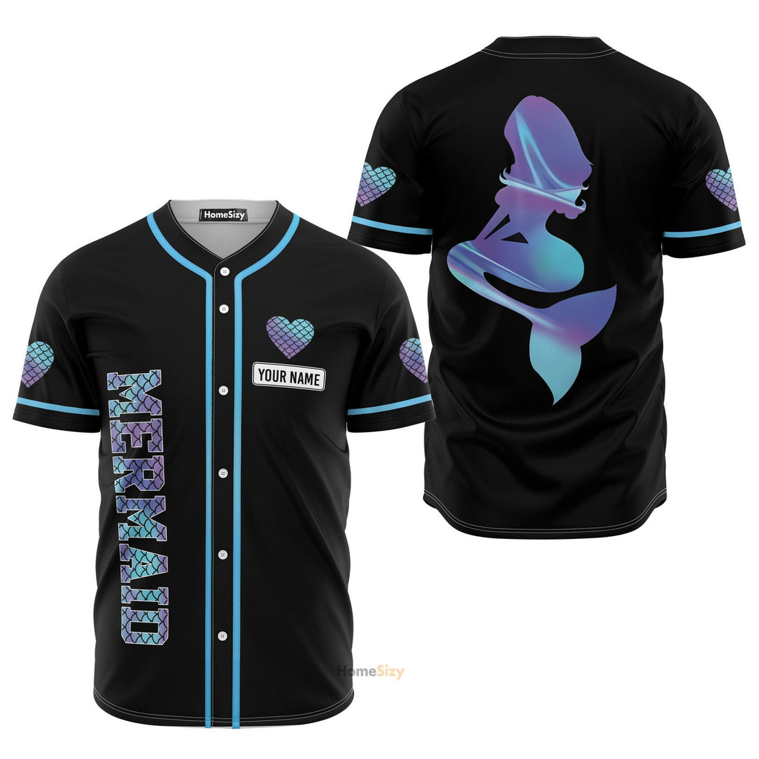 Custom Name Hologram Mermaid With Heart - Personalized Baseball Jersey