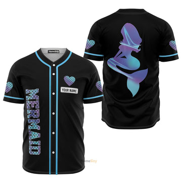 Custom Name Hologram Mermaid With Heart - Personalized Baseball Jersey