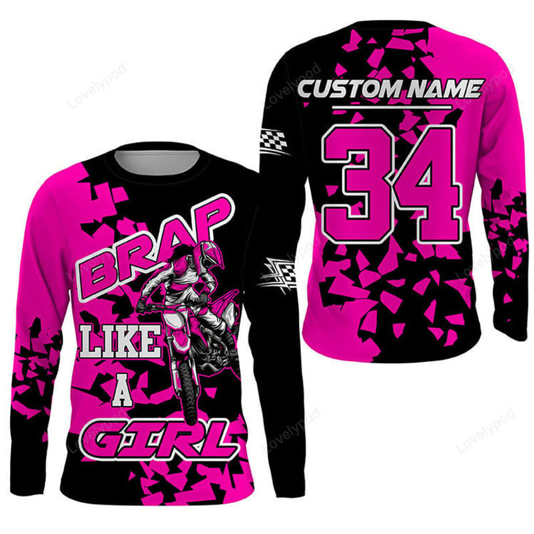 FUNSTUFFPRINT Custom Brap Like A Girl Personalized Motocross Jersey Pink Dirt Bike Racing 3D Long Sleeve T-Shirt