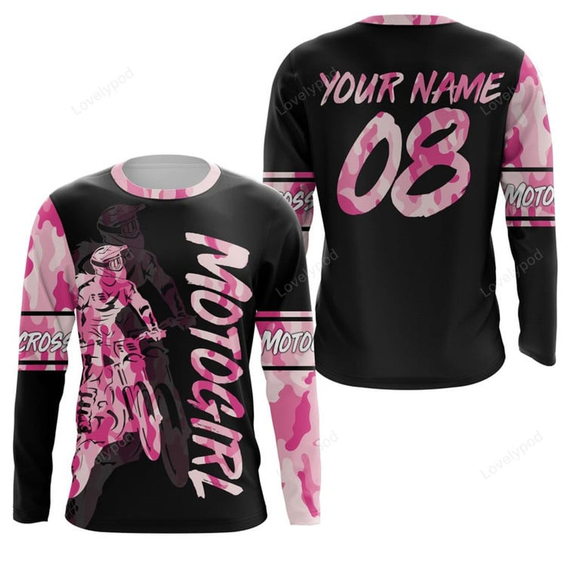 FUNSTUFFPRINT Custom Moto Girl personalized jersey motocross girl pink camo dirt bike riding shirt women bikers 3D Long Sleeve T-Shirt