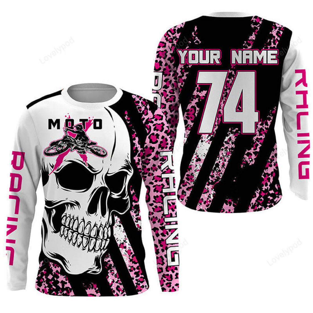 FUNSTUFFPRINT Custom Skull MotoX Long Sleeve T-Shirt, Custom Motocross Leopard Pattern Dirt Bike Racing Motorcycle Girl Women 3D Long Sleeve T-Shirt