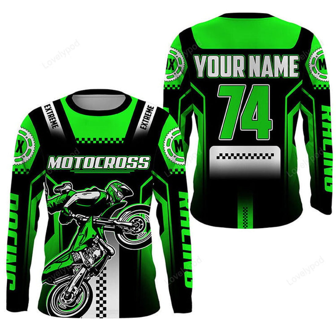 FUNSTUFFPRINT Custom green Motocross jersey, dirt bike riding off-road extreme MX 3D Long Sleeve T-Shirt