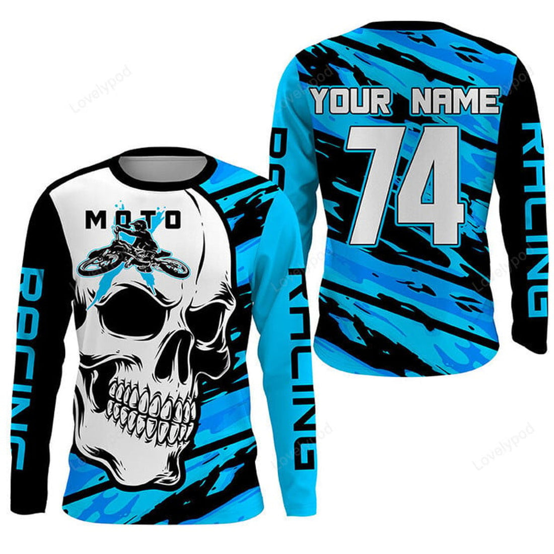FUNSTUFFPRINT Custom Skull MotoX 3D , Motocross Blue Dirt Bike Racing, Motorcycle Bikers Racewear 3D Long Sleeve T-Shirt