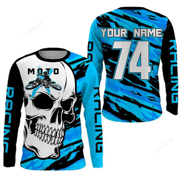 FUNSTUFFPRINT Custom Skull MotoX 3D , Motocross Blue Dirt Bike Racing, Motorcycle Bikers Racewear 3D Long Sleeve T-Shirt