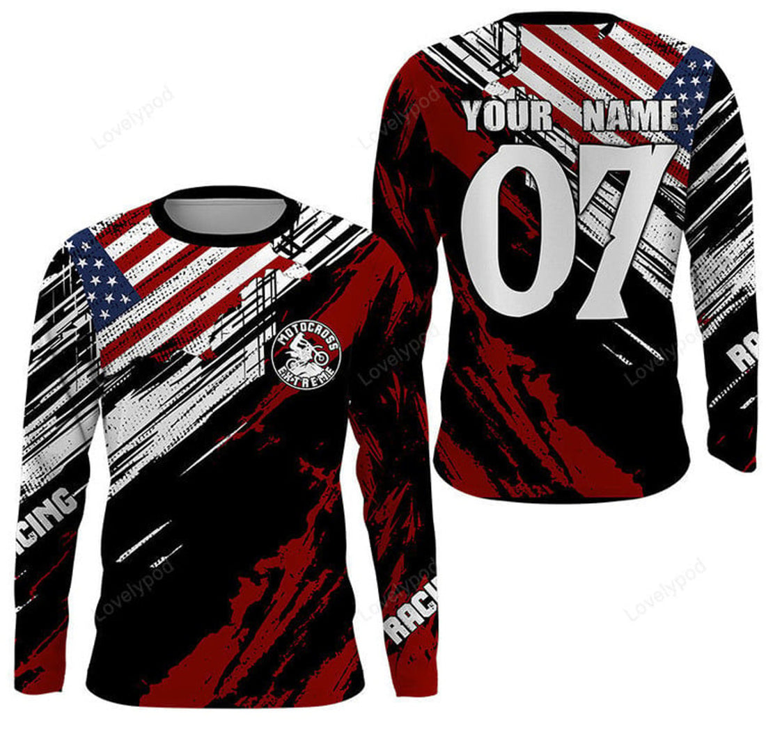 FUNSTUFFPRINT Custom USA flag Motocross jersey, dirt bike off-road shirt kid men women Patriotic 3D Long Sleeve T-Shirt