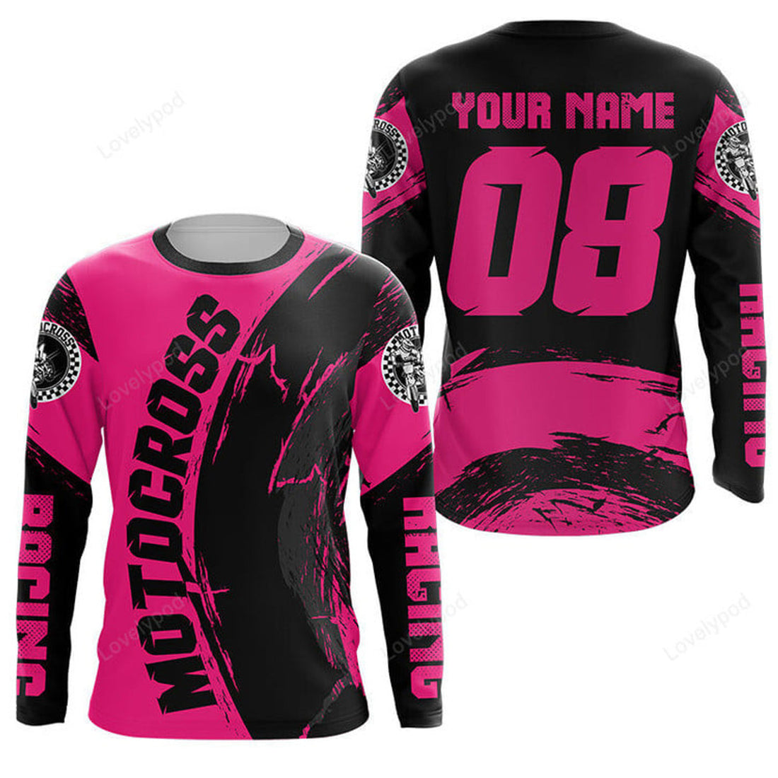 FUNSTUFFPRINT Custom Motocross Long sleeve pink, MX racing dirt bike off-road 3D Long Sleeve T-Shirt