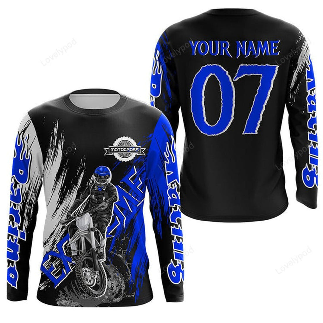 FUNSTUFFPRINT Custom Extreme blue Motocross off-road jersey, youth adult dirt bike racing 3D Long Sleeve T-Shirt