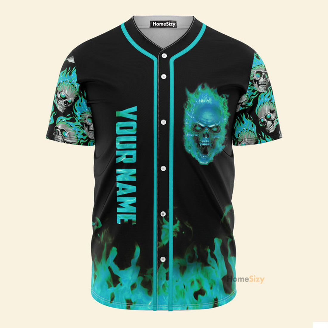 Custom Name Skull Mint Fire - Personalized Baseball Jersey