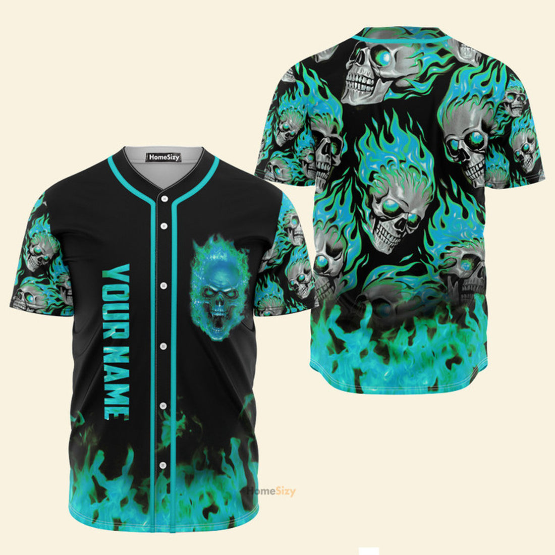 Custom Name Skull Mint Fire - Personalized Baseball Jersey
