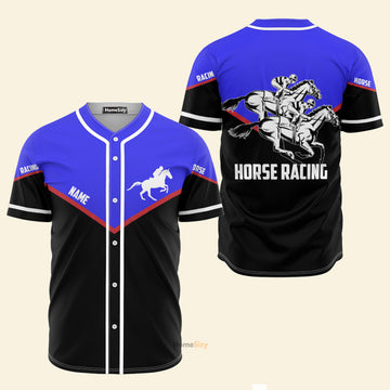 Custom Name Horse Racing Black And Blue - Personalized Baseball Jersey