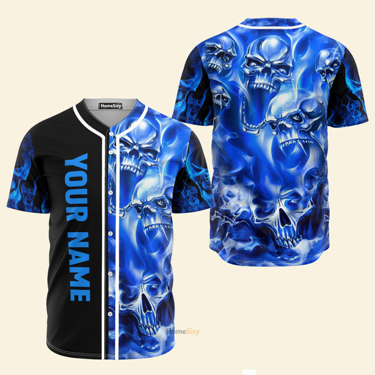 Custom Name Ghost Blue Flame Skull - Personalized Baseball Jersey