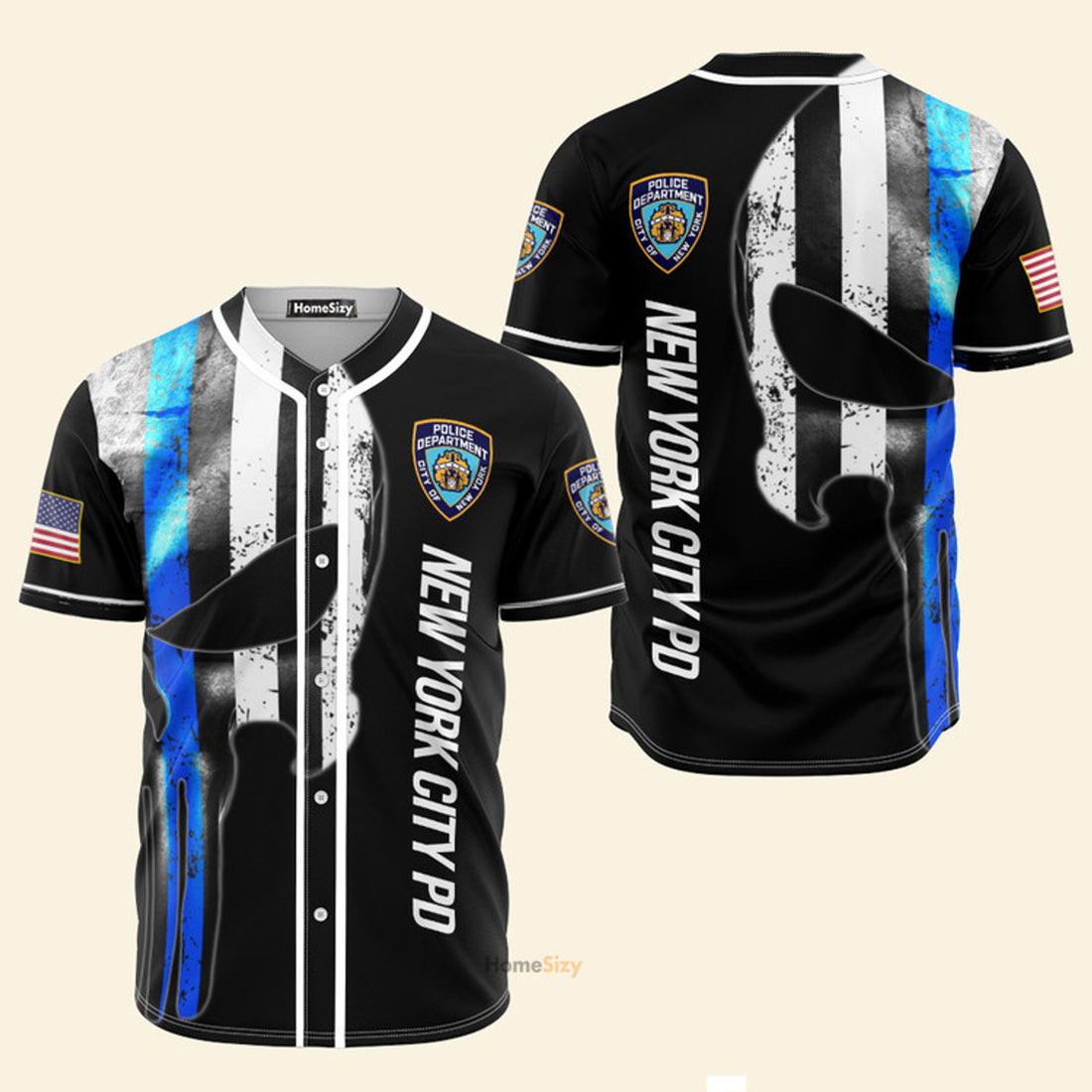 New York City Police Department Skull Blue Black - Baseball Jersey