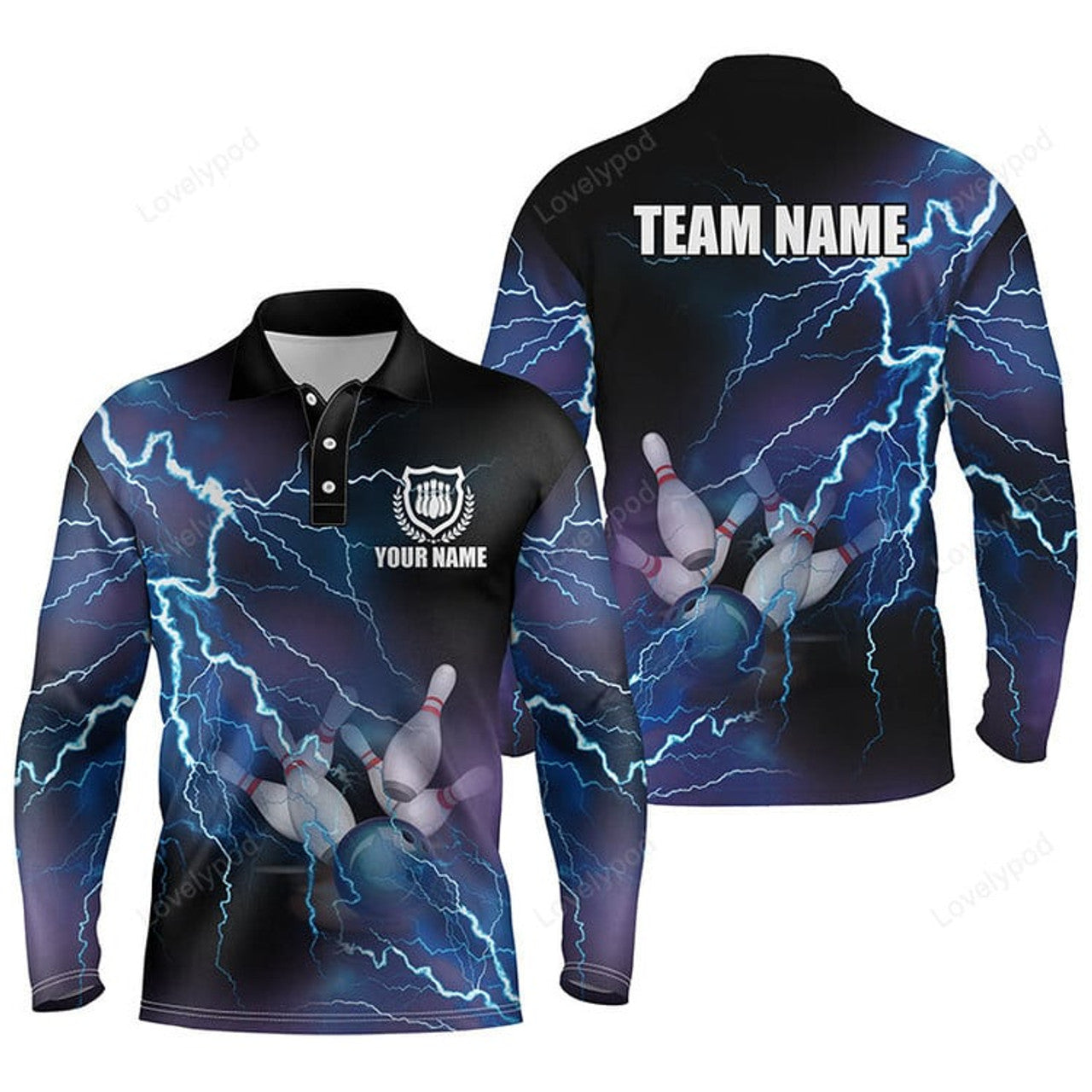 FUNSTUFFPRINT Custom blue lightning thunder Bowling Team Jersey, Men Long sleeve polo bowling shirts, gift for team Bowlers