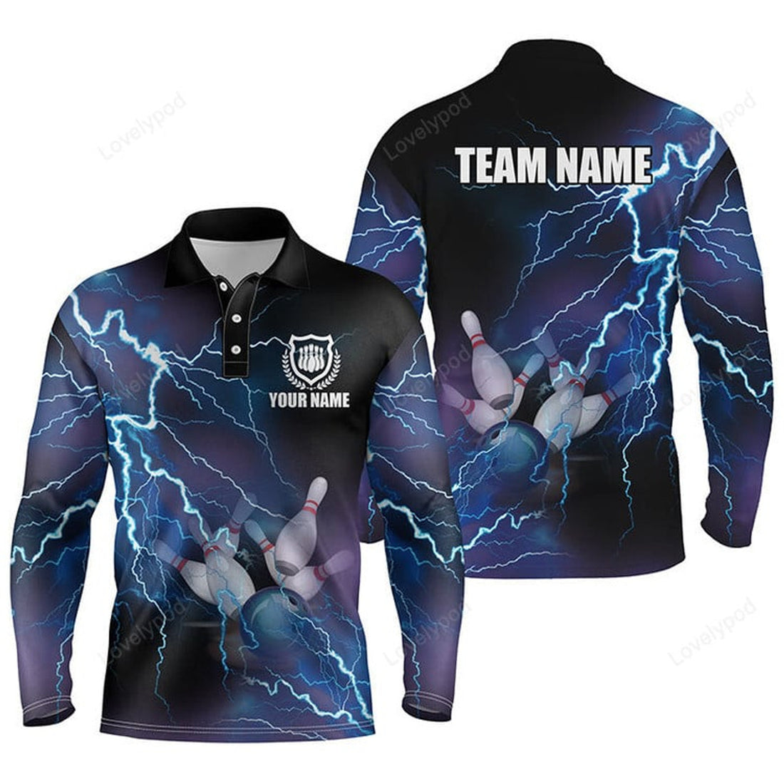 FUNSTUFFPRINT Custom blue lightning thunder Bowling Team Jersey, Men Long sleeve polo bowling shirts, gift for team Bowlers
