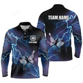 FUNSTUFFPRINT Custom blue lightning thunder Bowling Team Jersey, Men Long sleeve polo bowling shirts, gift for team Bowlers