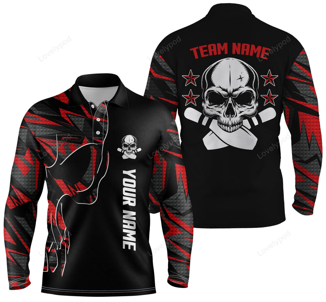 FUNSTUFFPRINT Bowling Long Sleeve Polo Shirts For Men, Custom Name And Team Name Skull Bowling, Team Bowling Shirts
