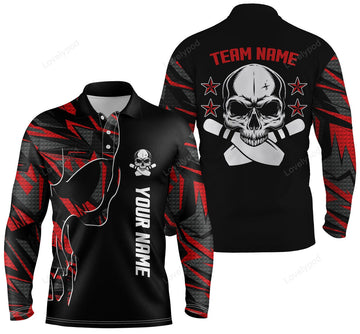 FUNSTUFFPRINT Bowling Long Sleeve Polo Shirts For Men, Custom Name And Team Name Skull Bowling, Team Bowling Shirts