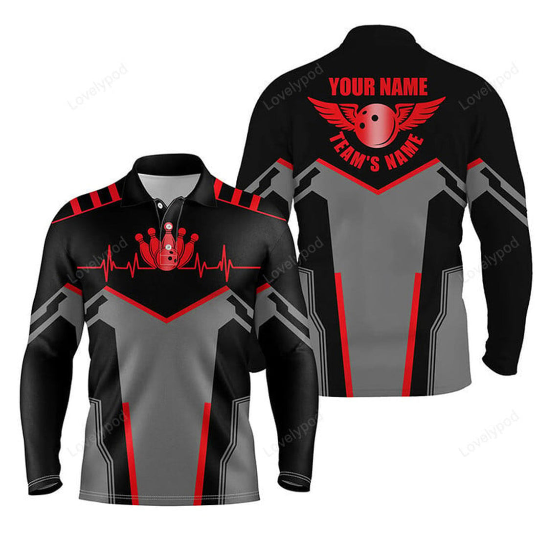 FUNSTUFFPRINT Custom Name And Team Name Bowling Ball And Pins, Team Bowling Long Sleeve Polo Shirts