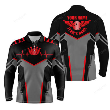 FUNSTUFFPRINT Custom Name And Team Name Bowling Ball And Pins, Team Bowling Long Sleeve Polo Shirts