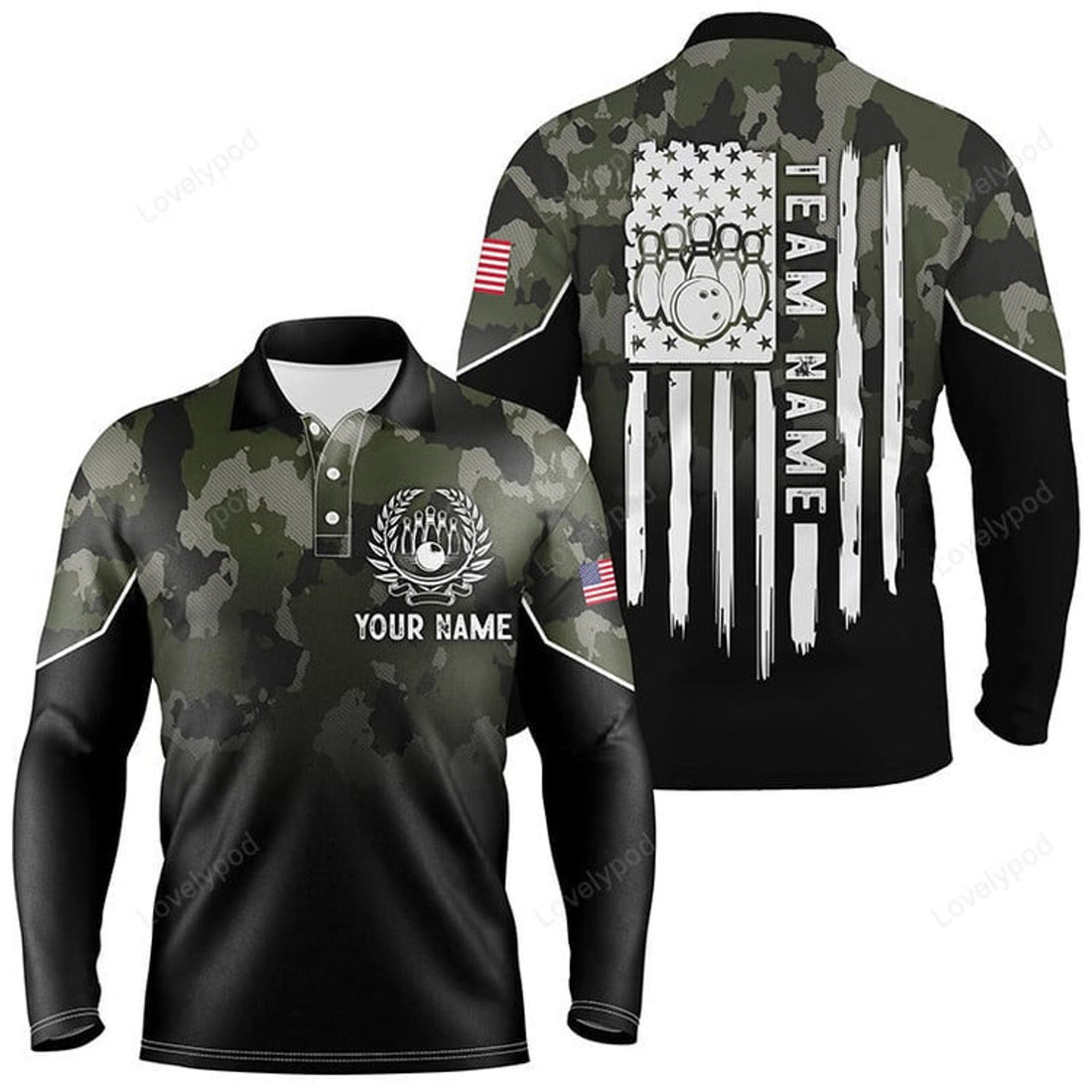 FUNSTUFFPRINT Black green camo Men long sleeve polo bowling shirts, Custom American flag patriotic bowling team league jerseys