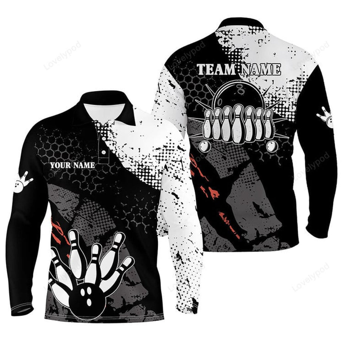 FUNSTUFFPRINT Black and white Men long sleeve polo bowling shirts, Custom retro bowling ball pins bowling team