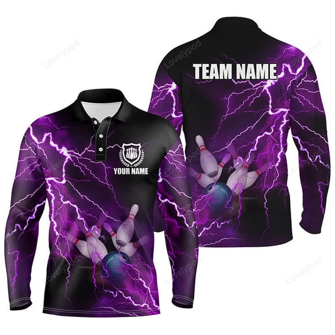 FUNSTUFFPRINT Men long sleeve polo bowling shirts, Custom purple lightning thunder Bowling Team Jersey, gift for team Bowlers