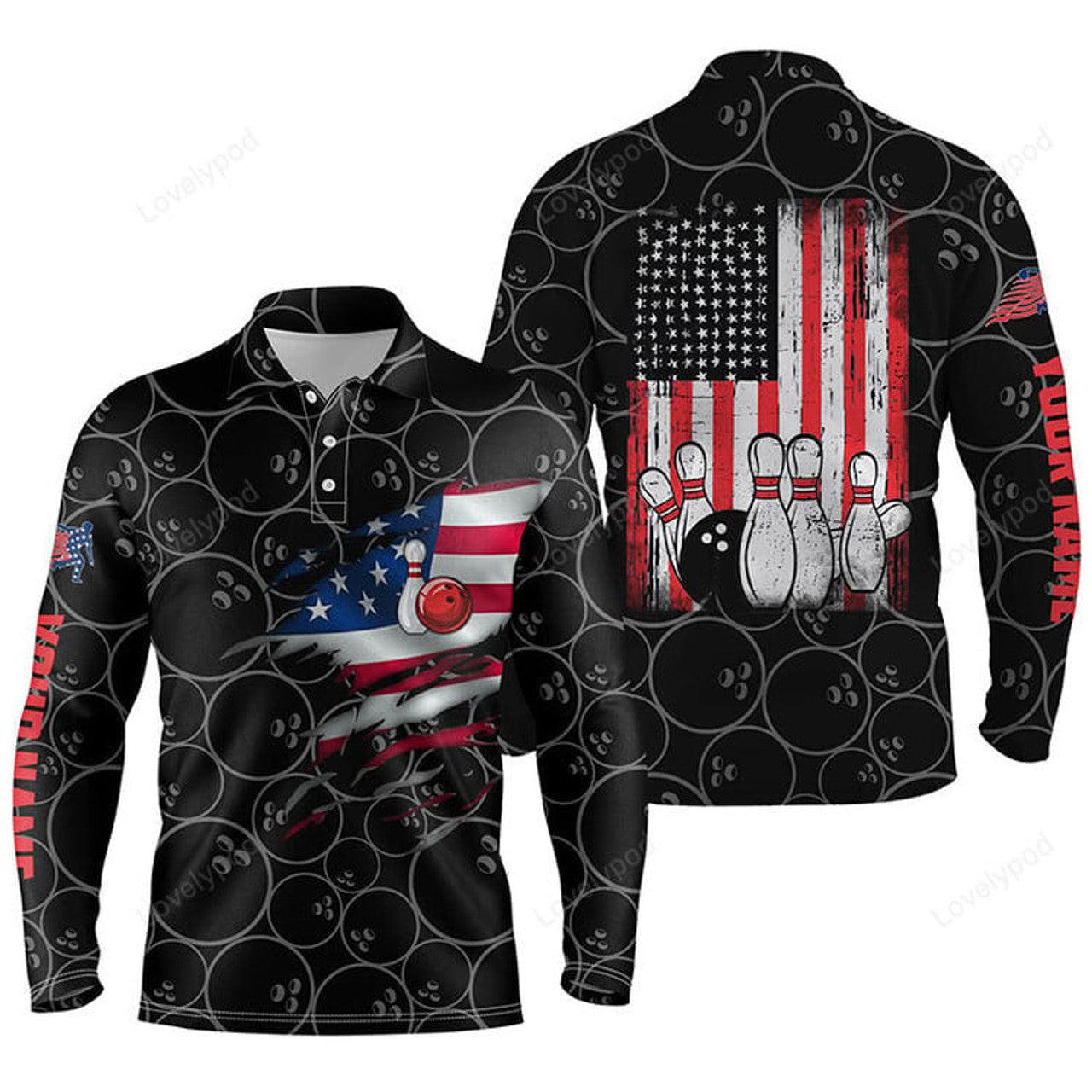 FUNSTUFFPRINT Black Bowling Long Sleeve Polo Shirts For Men, Custom Name Vintage American Flag Bowling Jerseys