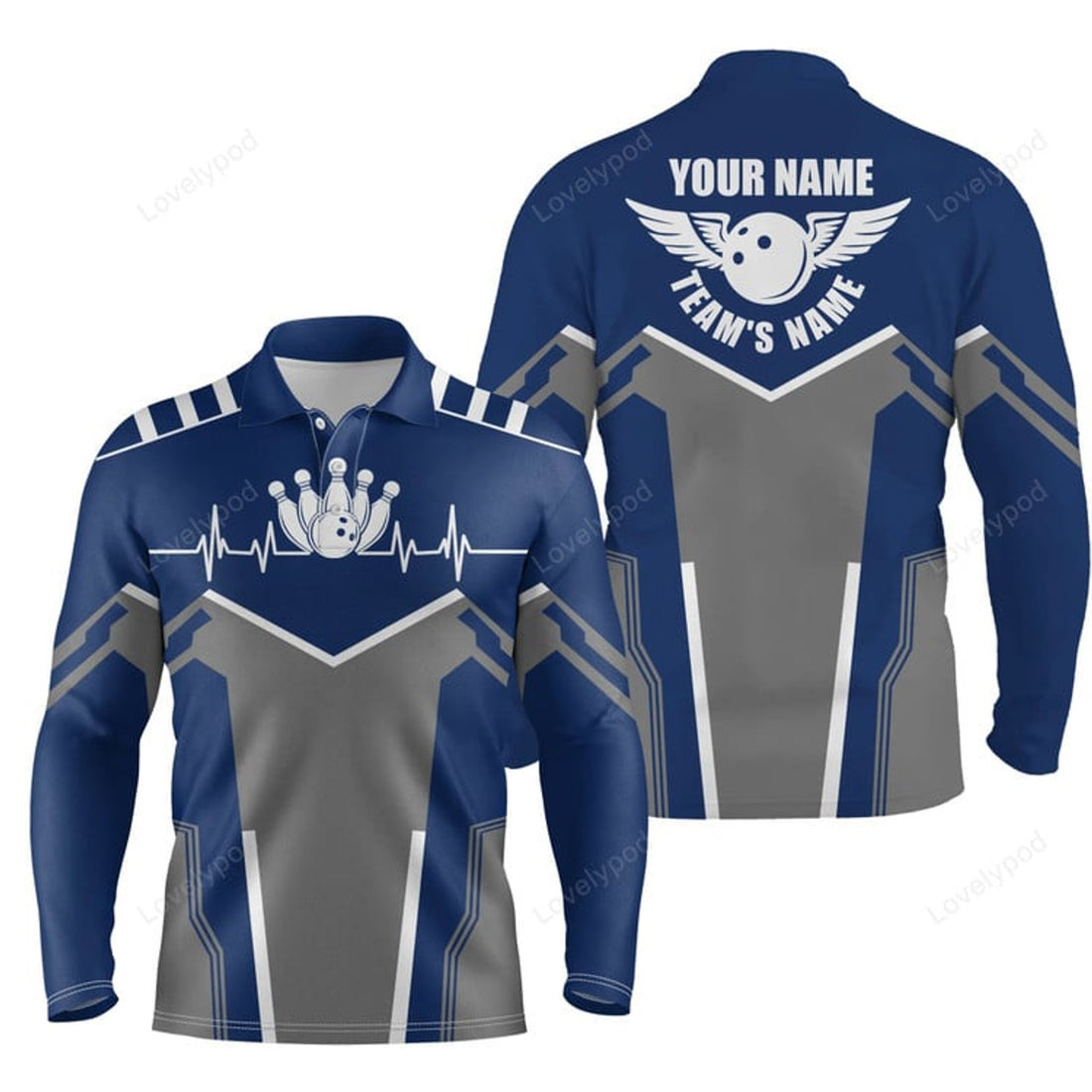 FUNSTUFFPRINT Bowling Long Sleeve T-Shirts for men custom name, team name Bowling Ball & Pins men polo shirts Navy Blu