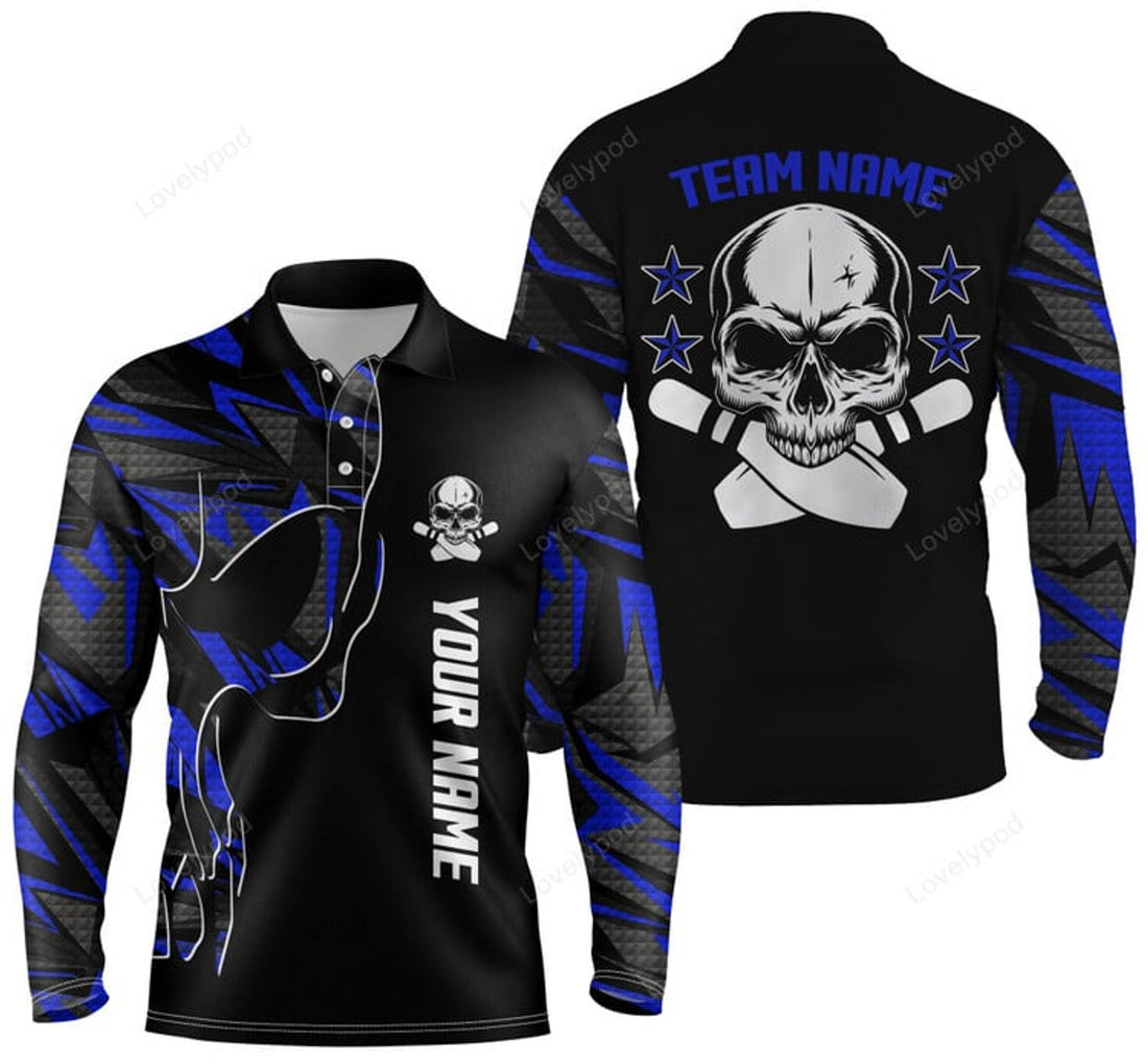 FUNSTUFFPRINT Bowling Long Sleeve Polo Shirts For Men, Custom Name And Team Name Skull Bowling, Team Bowling Shirts