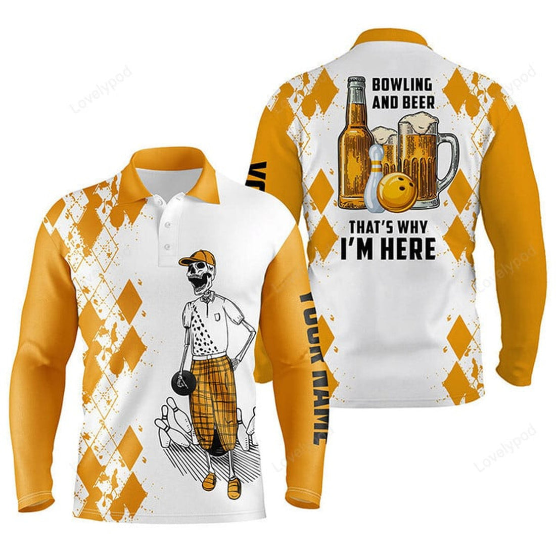 FUNSTUFFPRINT Funny Bowling Beer Skull Bowling Long Sleeve Polo Shirts For Men, Custom Name Bowling And Beer