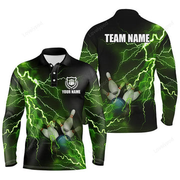 FUNSTUFFPRINT Men Long sleeve polo bowling shirts, Custom green lightning thunder Bowling Team Jersey