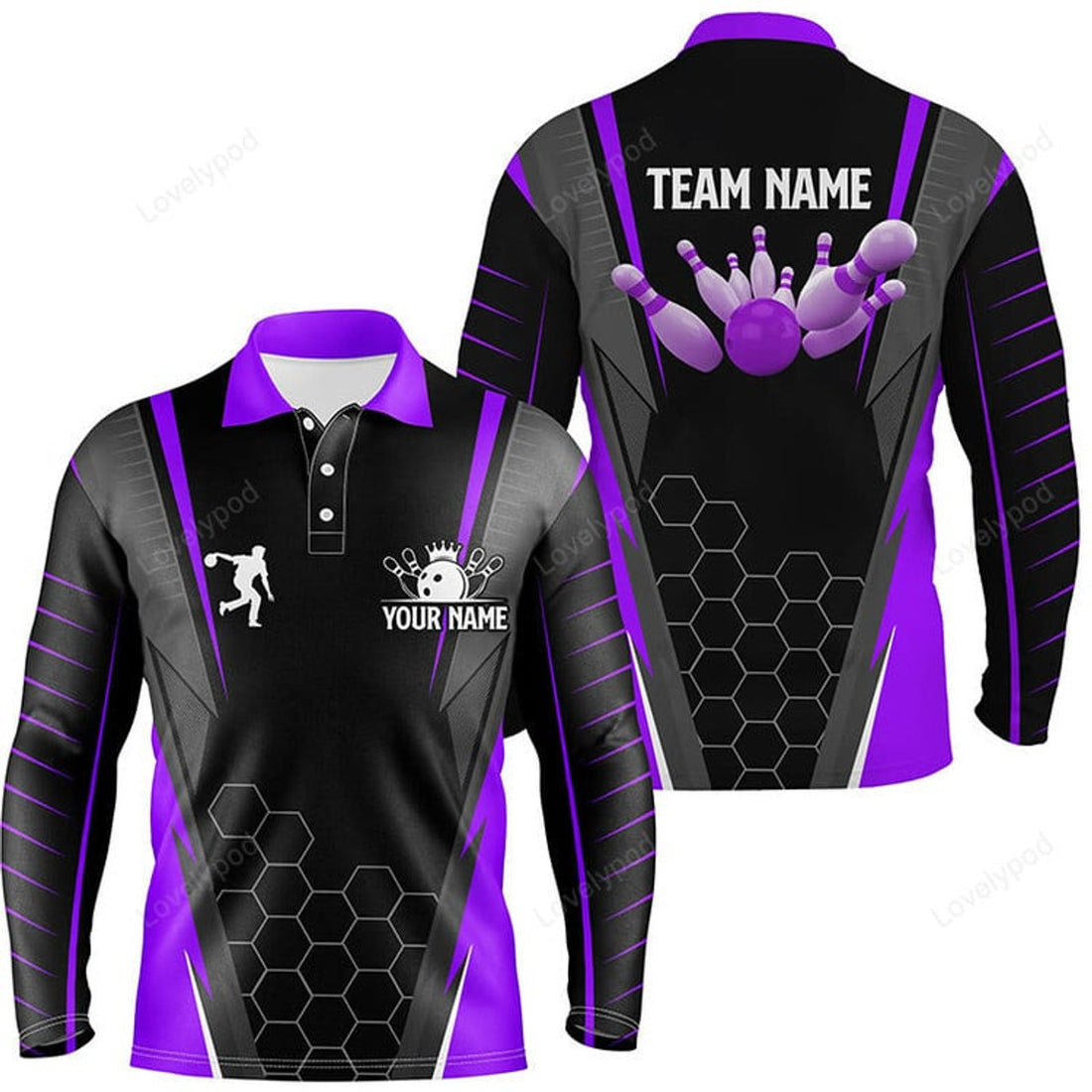 FUNSTUFFPRINT Black Men'S Bowling Long Sleeve Polo Shirt, Custom Name Men Bowlers Jersey, Team Bowling Outfits