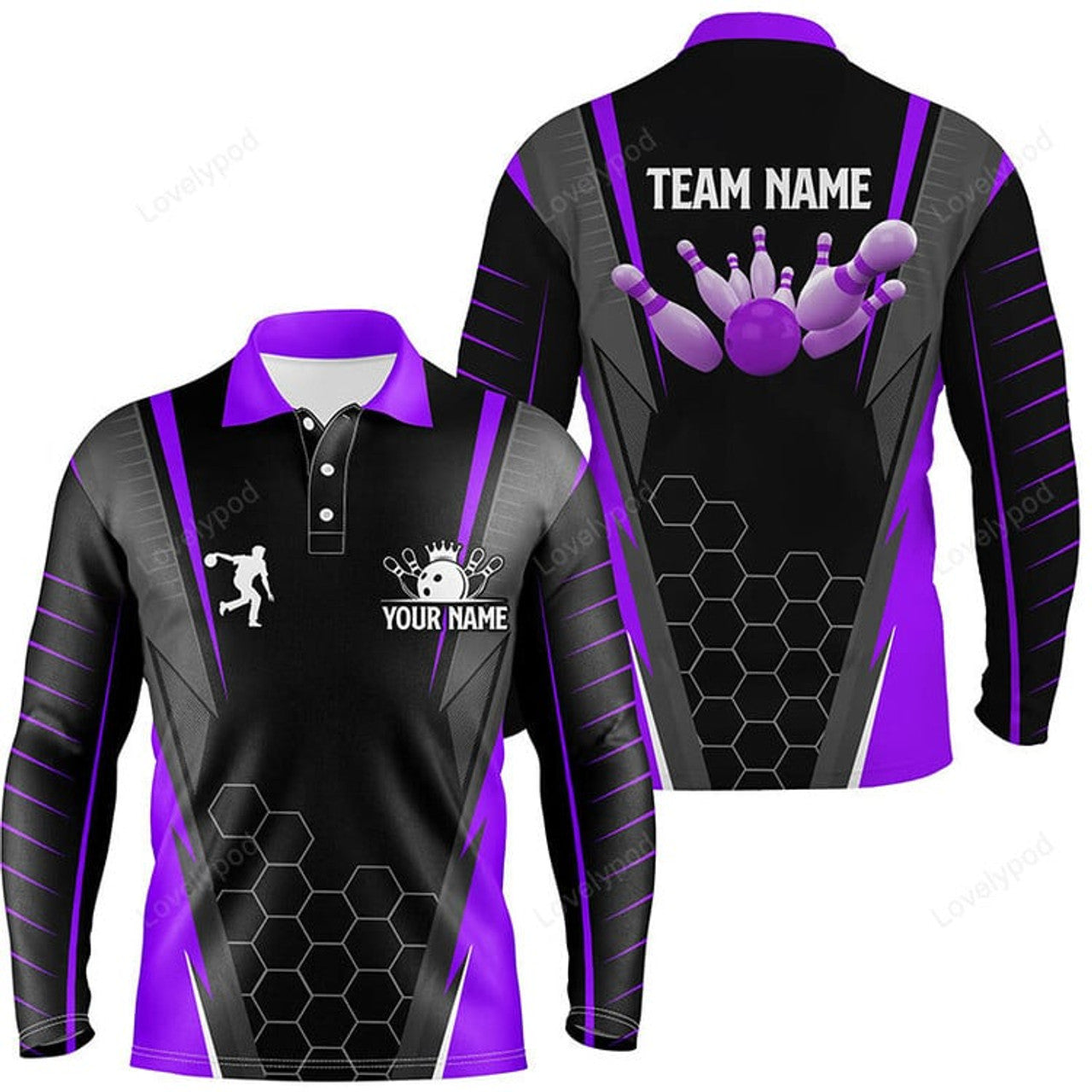 FUNSTUFFPRINT Black Men'S Bowling Long Sleeve Polo Shirt, Custom Name Men Bowlers Jersey, Team Bowling Outfits