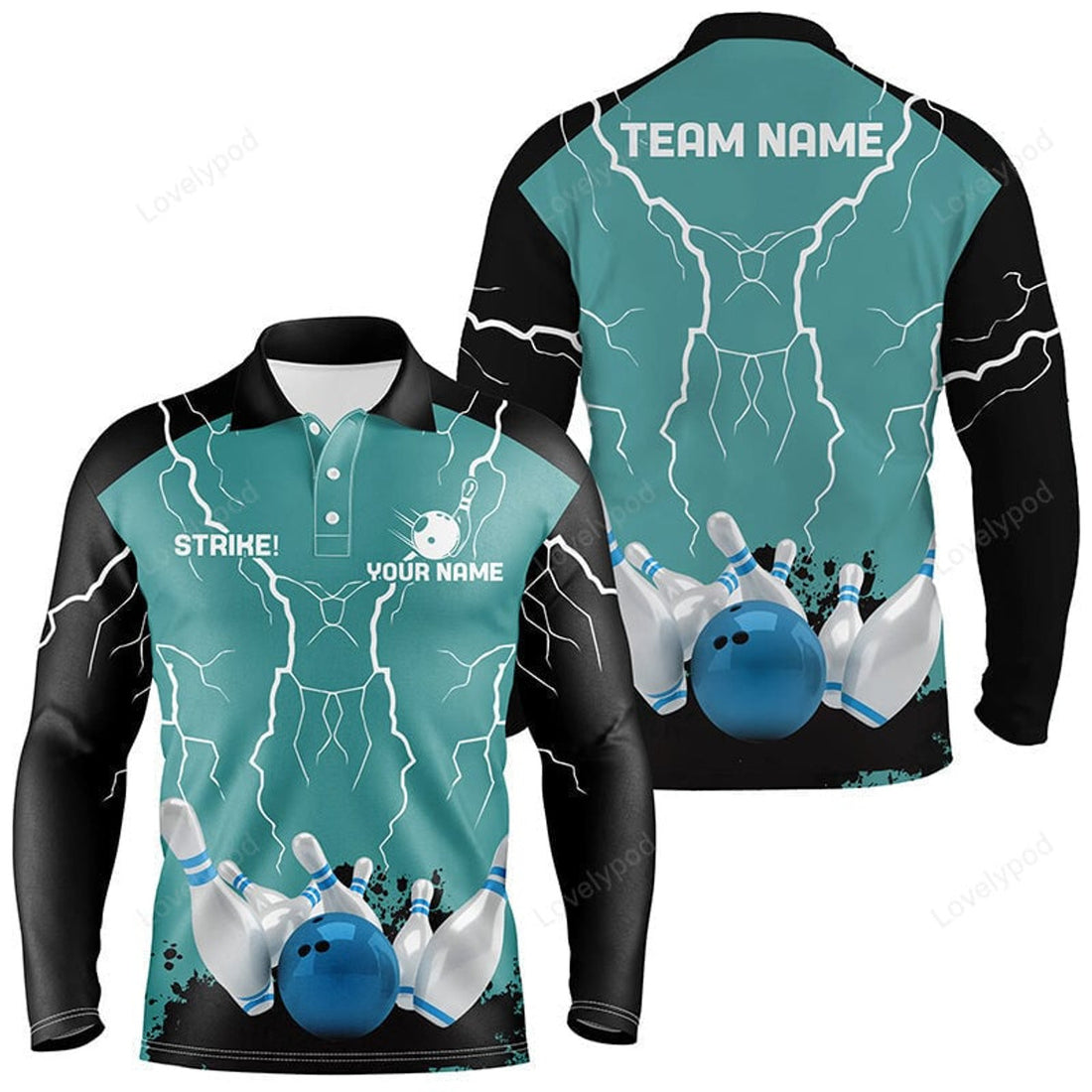 FUNSTUFFPRINT Men long sleeve polo bowling shirt, Custom bowling strike lightning storm thunder team league jersey
