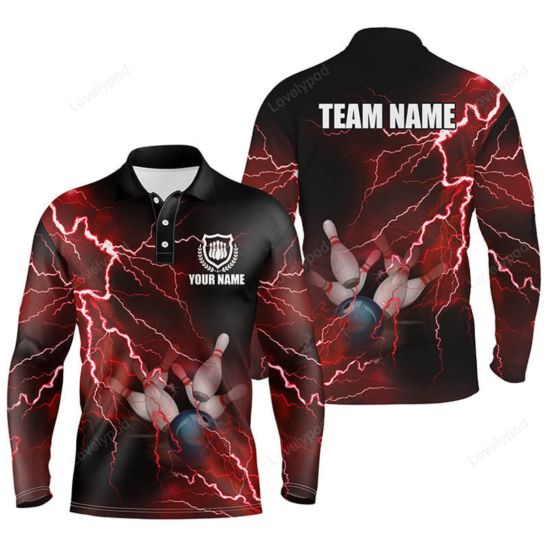 FUNSTUFFPRINT Men long sleeve polo bowling shirts, Custom red lightning thunder Bowling Team Jersey, gift for team Bowlers
