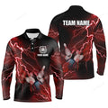 FUNSTUFFPRINT Men long sleeve polo bowling shirts, Custom red lightning thunder Bowling Team Jersey, gift for team Bowlers