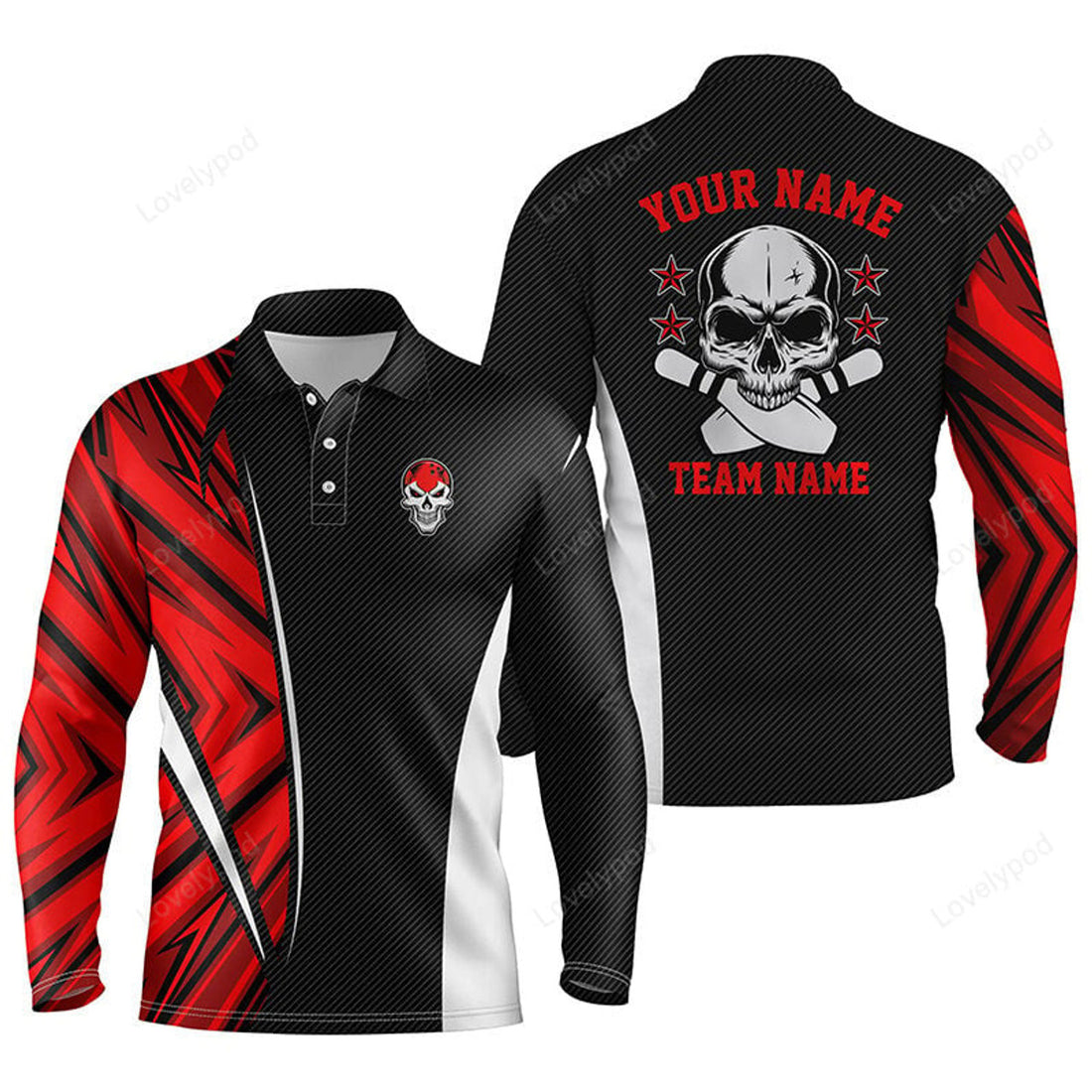 FUNSTUFFPRINT Black And Red Camo Custom Camo Bowling Long Sleeve Polo Shirts For Men, Team Skull Bowling Jerseys