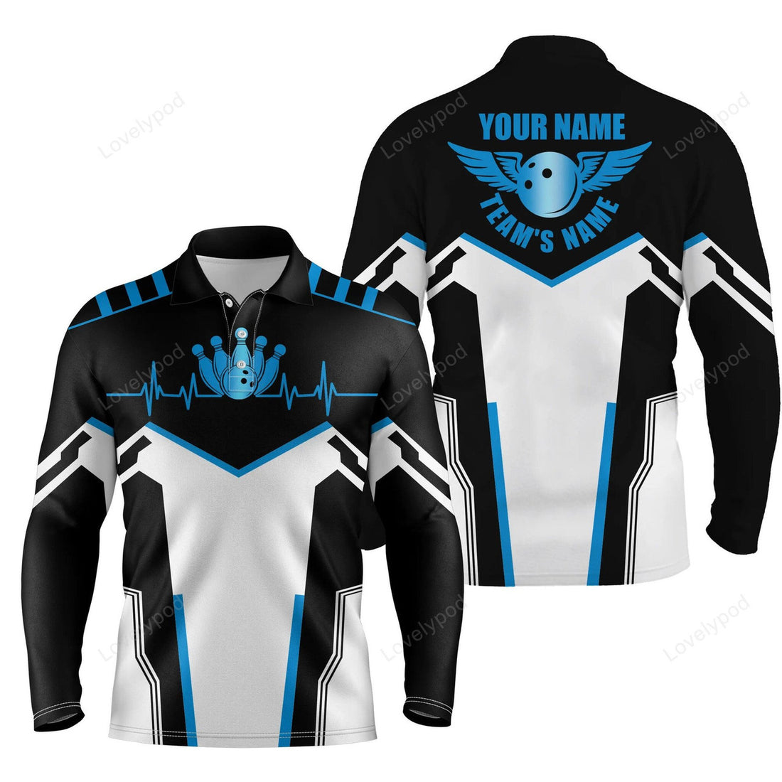 FUNSTUFFPRINT Custom Black And White Bowling Long Sleeve Polo Shirts For Men, Team Name Bowling Ball & Pins Men Polo Shirts